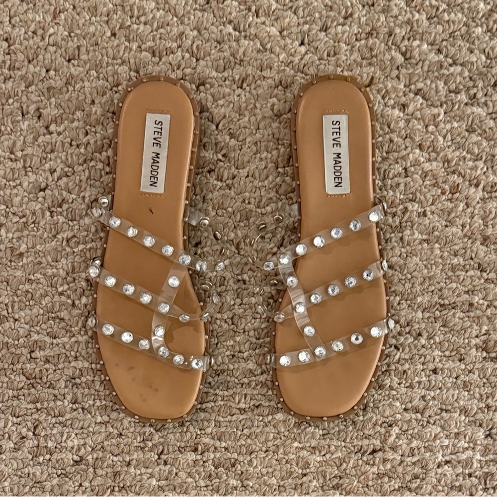 Steve Madden Tan Sandals with Silver Studs and clear straps